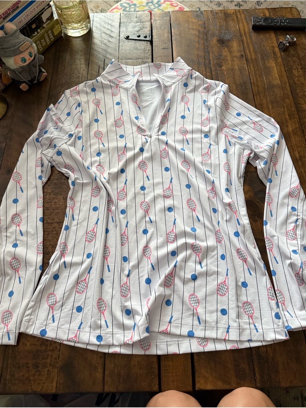 NWOT Sz Sm Gottex White Long-Sleeve Shirt with Blue and Pink Tennis Print